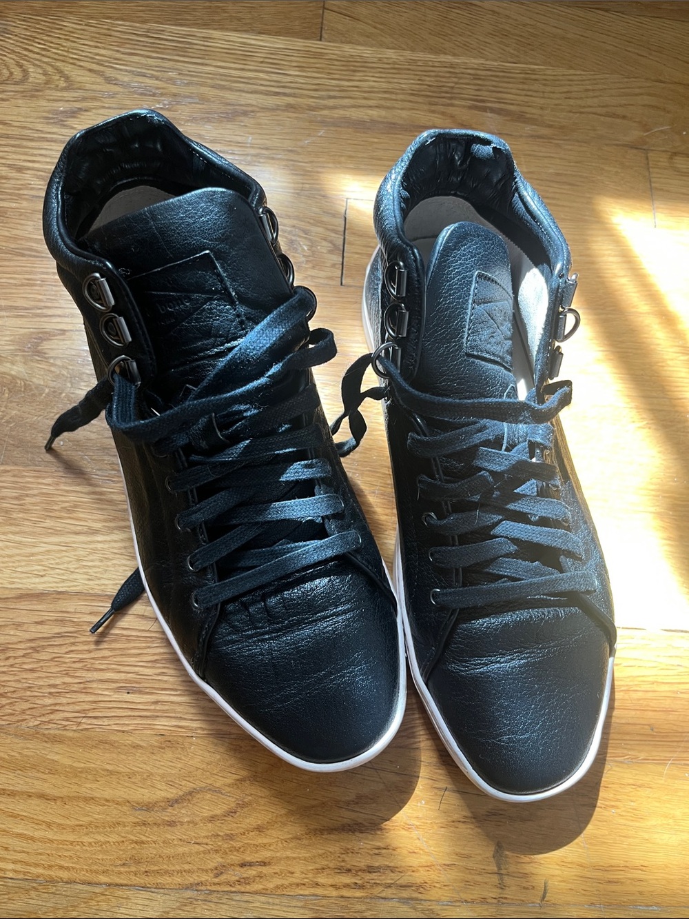 rag & bone Black Leather High-Top Sneakers with pink bloom